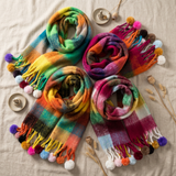 Bold Rainbow Plaid Scarf 220cm – Cozy Winter Wrap with Pom Pom Tassels-2701