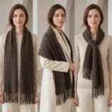 Women Winter Scarf Soft Warm Long Tassel Knit Shawl Wrap Stripe Pattern Thick Cozy Acrylic Neck Scarf
