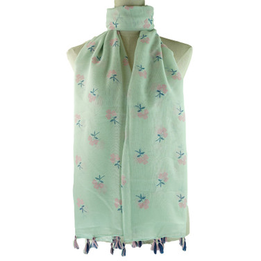 Teal Floral Pattern Tassel Lightweight Soft Large Premium Scarf