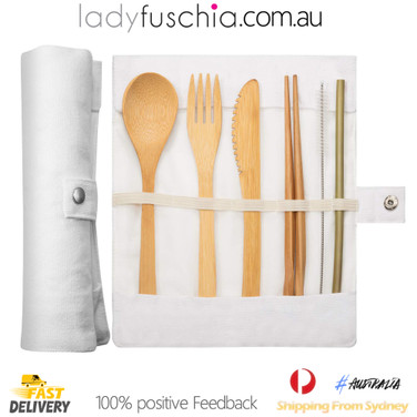 7Pcs Bamboo Cutlery Set - Roll Up White