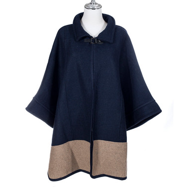 Two Tone Navy and Sand Open Front Free Size Winter Coat with Sleeves SP1235 NAVY