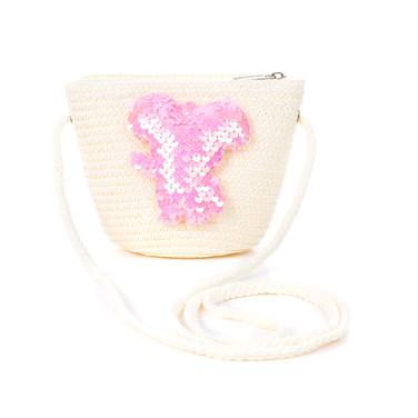 Cream Pink Koala Kids Straw Bag with Strap
