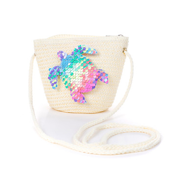 Cream Multi Sea Turtle Kids Straw Bag with Strap