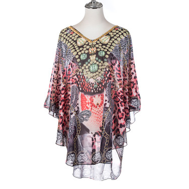 Summer Beach Women Holiday Loose Fit Cover Up Dress With Paisley Print V-Neckline And Batwing Sleeves CL1211