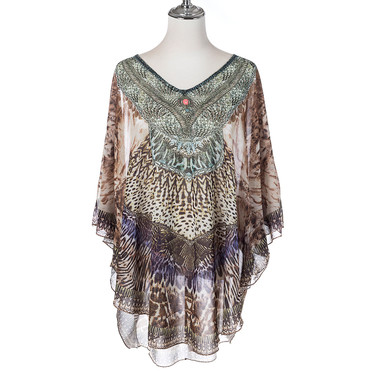 Summer Beach Women Holiday Loose Fit Cover Up Dress With Paisley Print V-Neckline And Batwing Sleeves CL1215 Summer Beach Women Holiday Loose Fit Cover Up Dress With Paisley Print V-Neckline And Batwing Sleeves CL1215