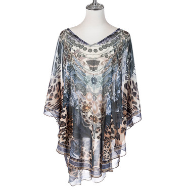 Summer Beach Women Holiday Loose Fit Cover Up Dress With Paisley Print V-Neckline And Batwing Sleeves CL1217 Summer Beach Women Holiday Loose Fit Cover Up Dress With Paisley Print V-Neckline And Batwing Sleeves CL1217