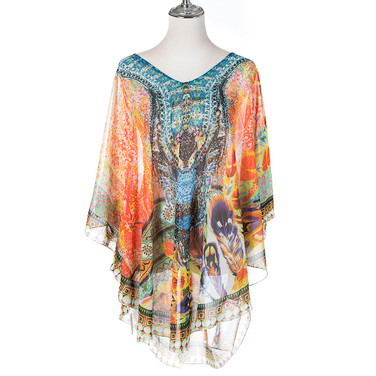 Summer Beach Women Holiday Loose Fit Cover Up Dress With Paisley Print V-Neckline And Batwing Sleeves CL1221