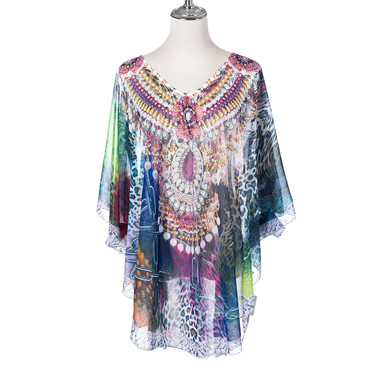 Summer Beach Women Holiday Loose Fit Cover Up Dress With Paisley Print V-Neckline And Batwing Sleeves CL1255