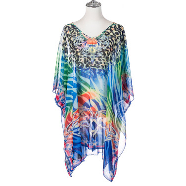 Summer Beach Women Holiday Loose Fit Cover Up Dress With Paisley Print V-Neckline And Batwing Sleeves CL1256