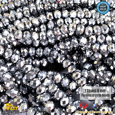 1 Strand 8mm Metallic Silver Rondelle Faceted Glass Crystal Beads 60pcs 8mm-013