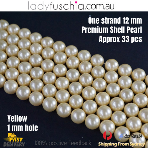 1 Strand 12mm Yellow Round Natural Premium Shell Pearl Beads approx. 33 PCs
