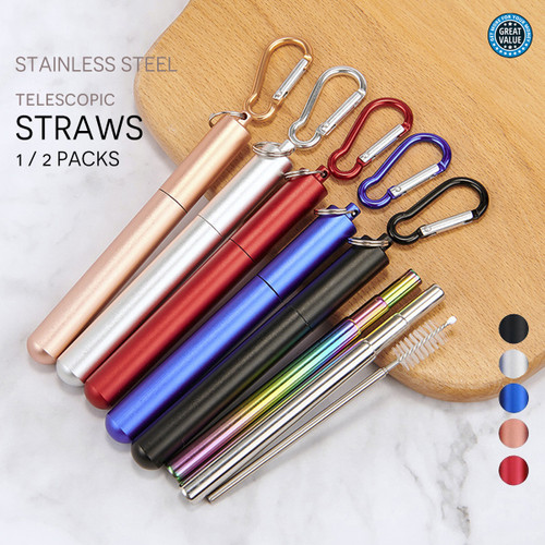 1x 2x Reusable Collapsible Drinking Straws Stainless Steel Metal Straw Foldable