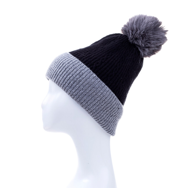 Black Faux Fur Pom Winter Beanie Hat HATM251-4