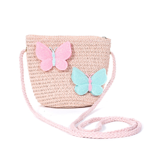 Pink Butterfly KidsStraw Bag with Strap