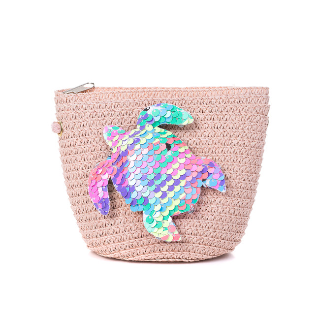 Pink Multi Sea Turtle Kids Straw Bag with Strap