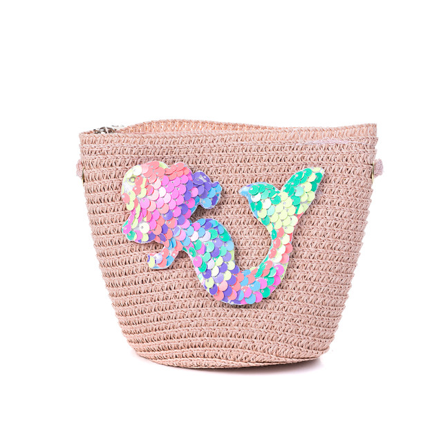 Pink Multi Mermaid Kids Straw Bag with Strap