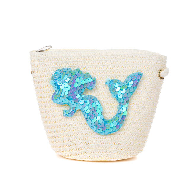 Cream Blue Mermaid Kids Straw Bag with Strap