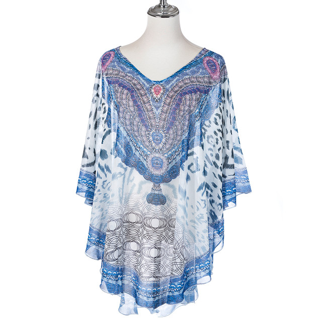 Summer Beach Women Holiday Loose Fit Cover Up Dress With Paisley Print V-Neckline And Batwing Sleeves CL1213 Summer Beach Women Holiday Loose Fit Cover Up Dress With Paisley Print V-Neckline And Batwing Sleeves CL1213