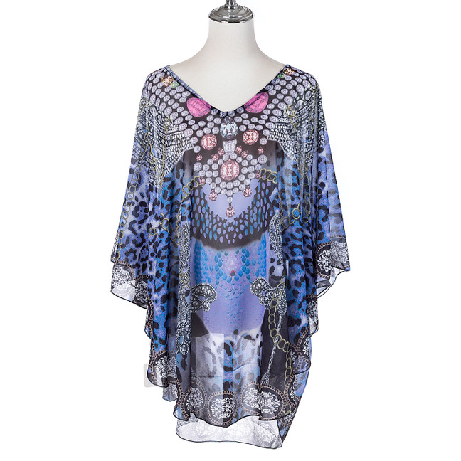 Summer Beach Women Holiday Loose Fit Cover Up Dress With Paisley Print V-Neckline And Batwing Sleeves CL1218 Summer Beach Women Holiday Loose Fit Cover Up Dress With Paisley Print V-Neckline And Batwing Sleeves CL1218