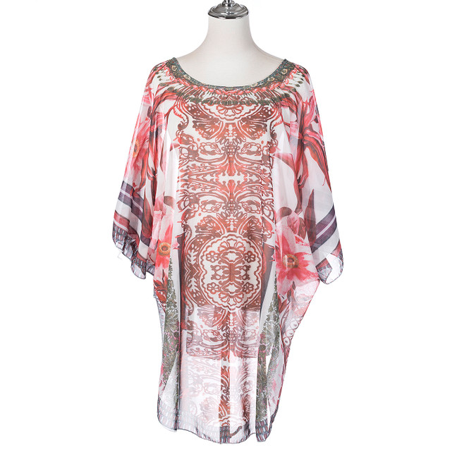 Summer Beach Women Holiday Loose Fit Cover Up Dress With Paisley Print Round-Neckline And Batwing Sleeves CL1241 Summer Beach Women Holiday Loose Fit Cover Up Dress With Paisley Print Round-Neckline And Batwing Sleeves CL1241