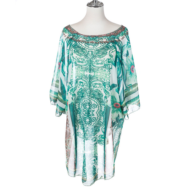 Summer Beach Women Holiday Loose Fit Cover Up Dress With Paisley Print Round-Neckline And Batwing Sleeves CL1242 Summer Beach Women Holiday Loose Fit Cover Up Dress With Paisley Print Round-Neckline And Batwing Sleeves CL1242