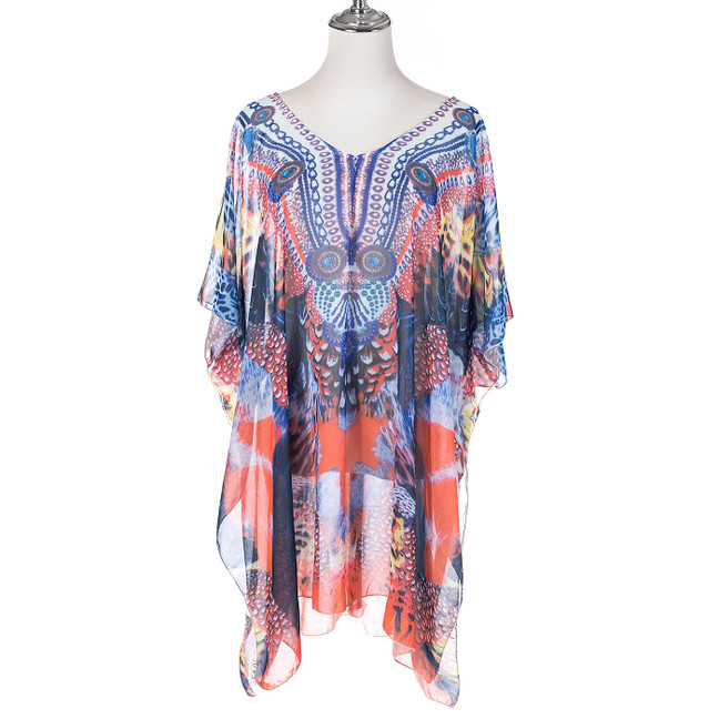 Summer Beach Women Holiday Loose Fit Cover Up Dress With Paisley Print V-Neckline And Batwing Sleeves CL1249 Summer Beach Women Holiday Loose Fit Cover Up Dress With Paisley Print V-Neckline And Batwing Sleeves CL1249