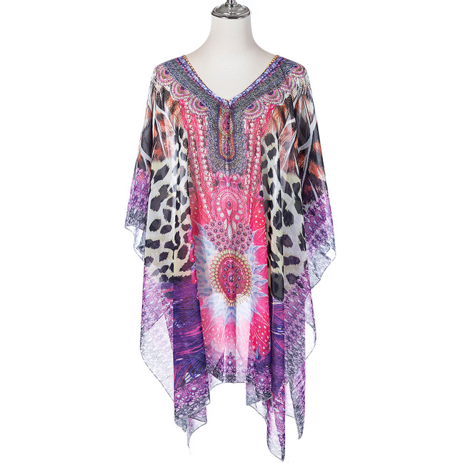 Summer Beach Women Holiday Loose Fit Cover Up Dress With Paisley Print V-Neckline And Batwing Sleeves CL1260 Summer Beach Women Holiday Loose Fit Cover Up Dress With Paisley Print V-Neckline And Batwing Sleeves CL1260