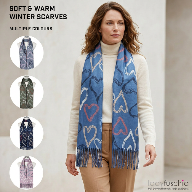 Women Winter Scarf Heart Print Long Scarf Soft Warm Shawl Wrap 70×180cm Fashion Tassel Blanket Scarf Lightweight Acrylic-2620