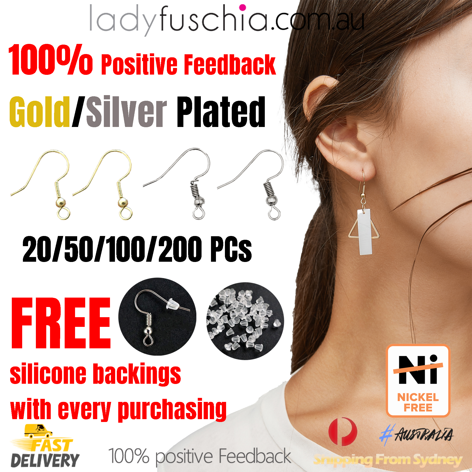 100Pcs Gold Plated Earring Hooks, Bulk Packs, FREE Silicone Back -  ladyfuschia