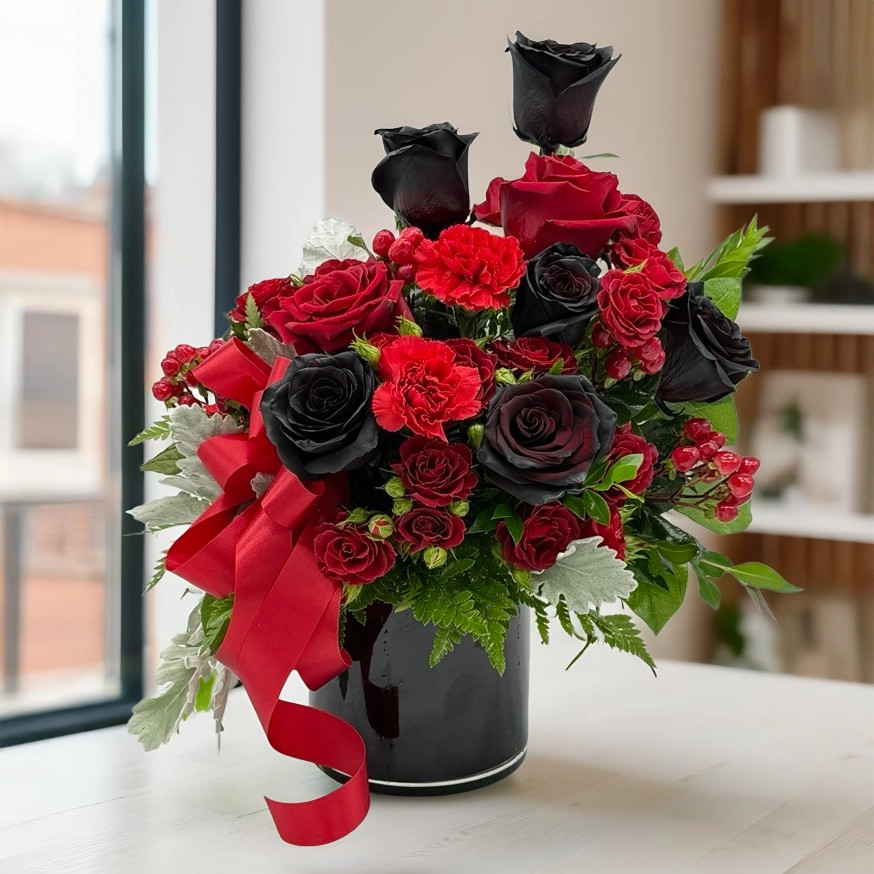 Crimson Noir Bouquet | Black & Red Roses | Luxury Romantic Flowers