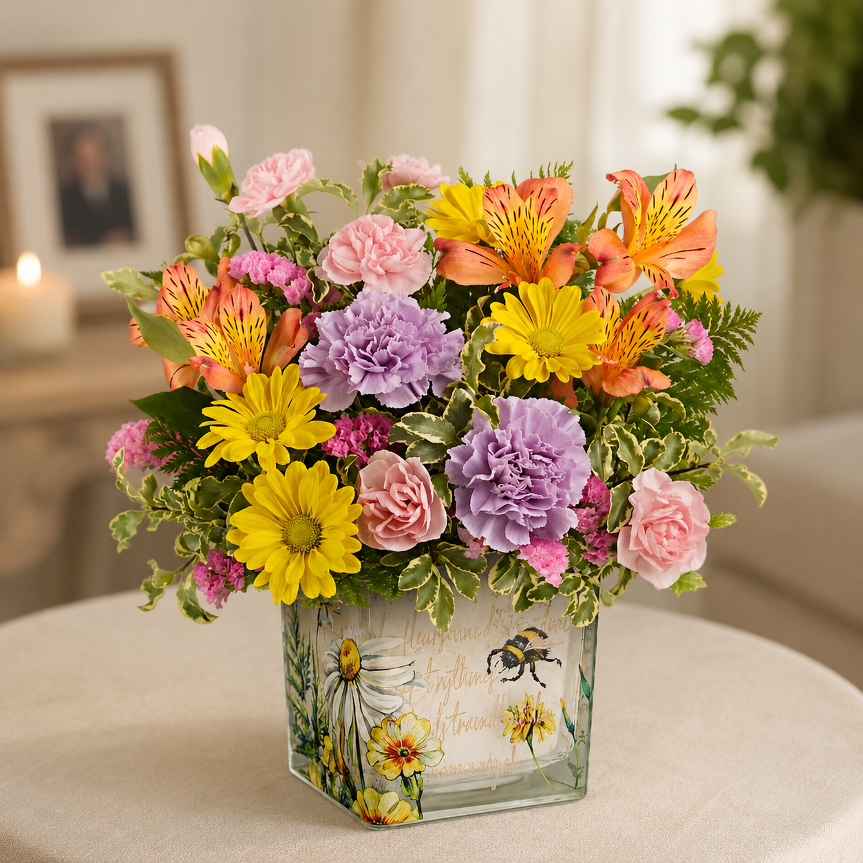 Floral Buzz Bouquet in Vintage Glass Cube | Flower Den Florist
