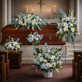 Memory of Blessings blue and white sympathy flower collection featuring roses, hydrangea, delphinium, lilies, standing spray, and casket spray