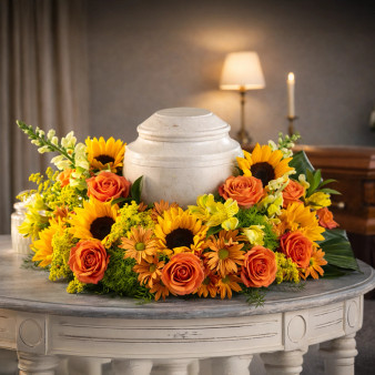 Golden Sunflower cremation arrangement featuring sunflowers, roses, daisies, and seasonal yellow and orange flowers surrounding an urn