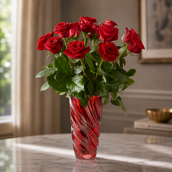 12 Red Roses in a red swirl vase