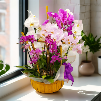 Colorful orchid plants in a basket