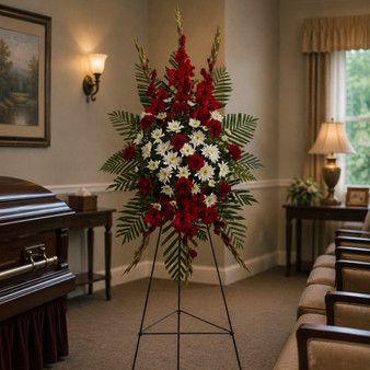 Strength & Solace Standing Spray with red and white flowers