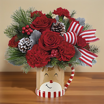 A cut christmas theme arrangement designed in a reindeer mug
