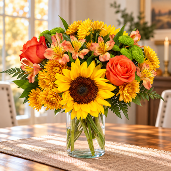 Beautiful autumn flowers in a glass vase on a table