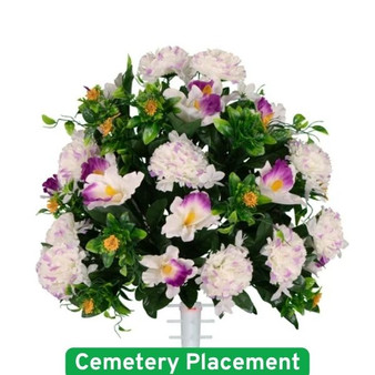 White and purple carnation and alstroemeria cemetery silk arrangement with lush greenery and memorial stake