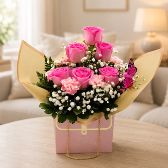 Pink roses and carnations designed in a pink purse container