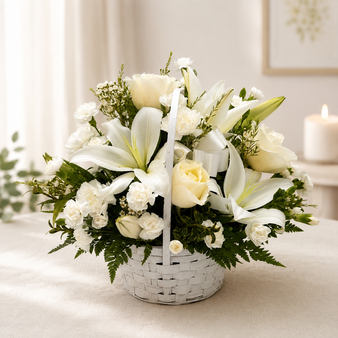 All-white sympathy flower basket with lilies, roses, and carnations arranged in a white woven basket for funeral or condolence delivery by Flower Den Florist