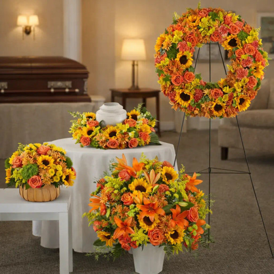 A collection of funeral arrangements in autumn colors