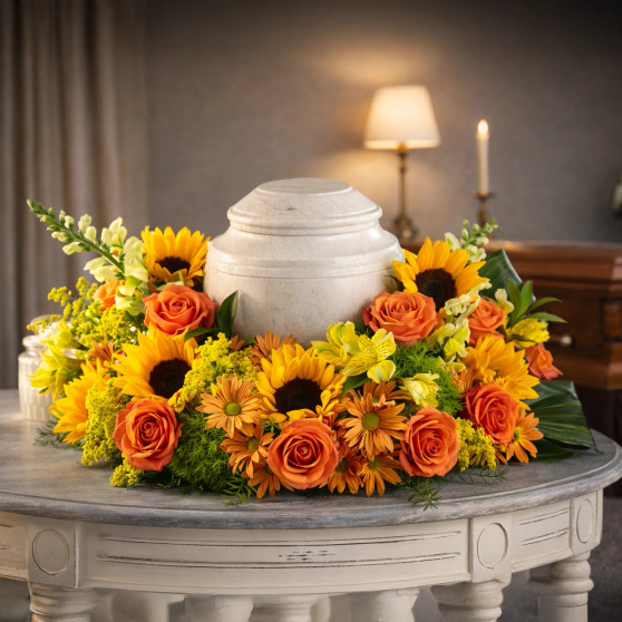 Golden Sunflower cremation arrangement featuring sunflowers, roses, daisies, and seasonal yellow and orange flowers surrounding an urn