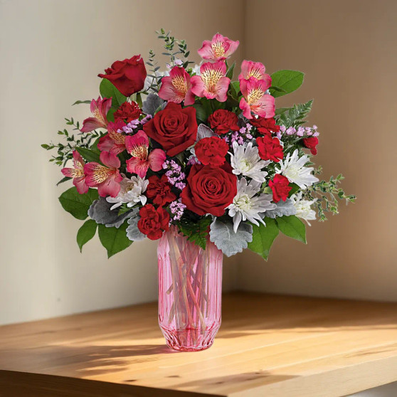 Gorgeous Gem Bouquet featuring red roses, carnations, alstroemeria, and white accent flowers arranged in a pink glass vase