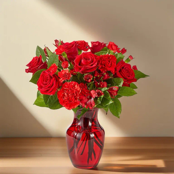 Key to My Heart Bouquet featuring red roses, carnations, and greenery arranged in a red glass vase