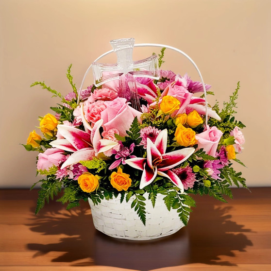Standard Eternal Faith Basket sympathy flower arrangement with roses, lilies and keepsake cross in white basket funeral flowers