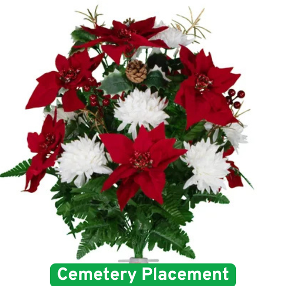Red Poinsettias with White Mums Holly and Pinecones