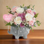 Pink and white floral arrangement featuring roses and chrysanthemums displayed in a gray polka-dot elephant keepsake vase with a â€˜Hello Babyâ€™ sign, perfect for welcoming a newborn or baby shower gift. Deluxe Size