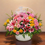 Exquisite Eternal Faith Basket sympathy flower arrangement with roses, lilies and keepsake cross in white basket funeral flowers