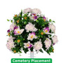 White and purple carnation and alstroemeria cemetery silk arrangement with lush greenery and memorial stake